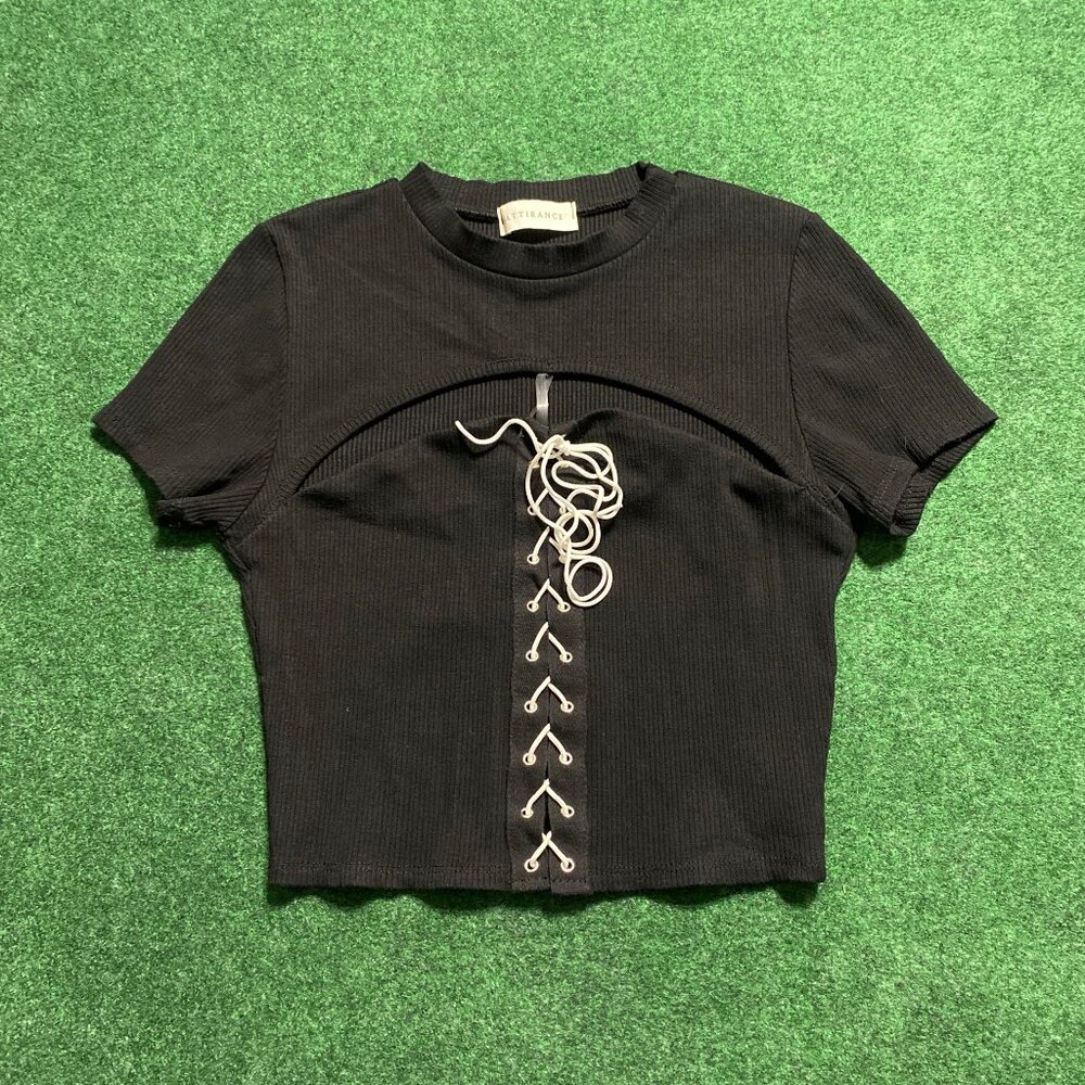 Women’s Attirance Front Lace-Up Ribbed Shirt Black Large